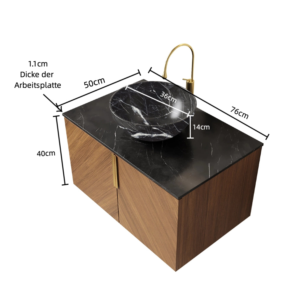 Mobile sottolavabo con 2 ante e chiusura ammortizzata, lavabo in ceramica e piano in pietra, 76 × 50 × 55,1 cm