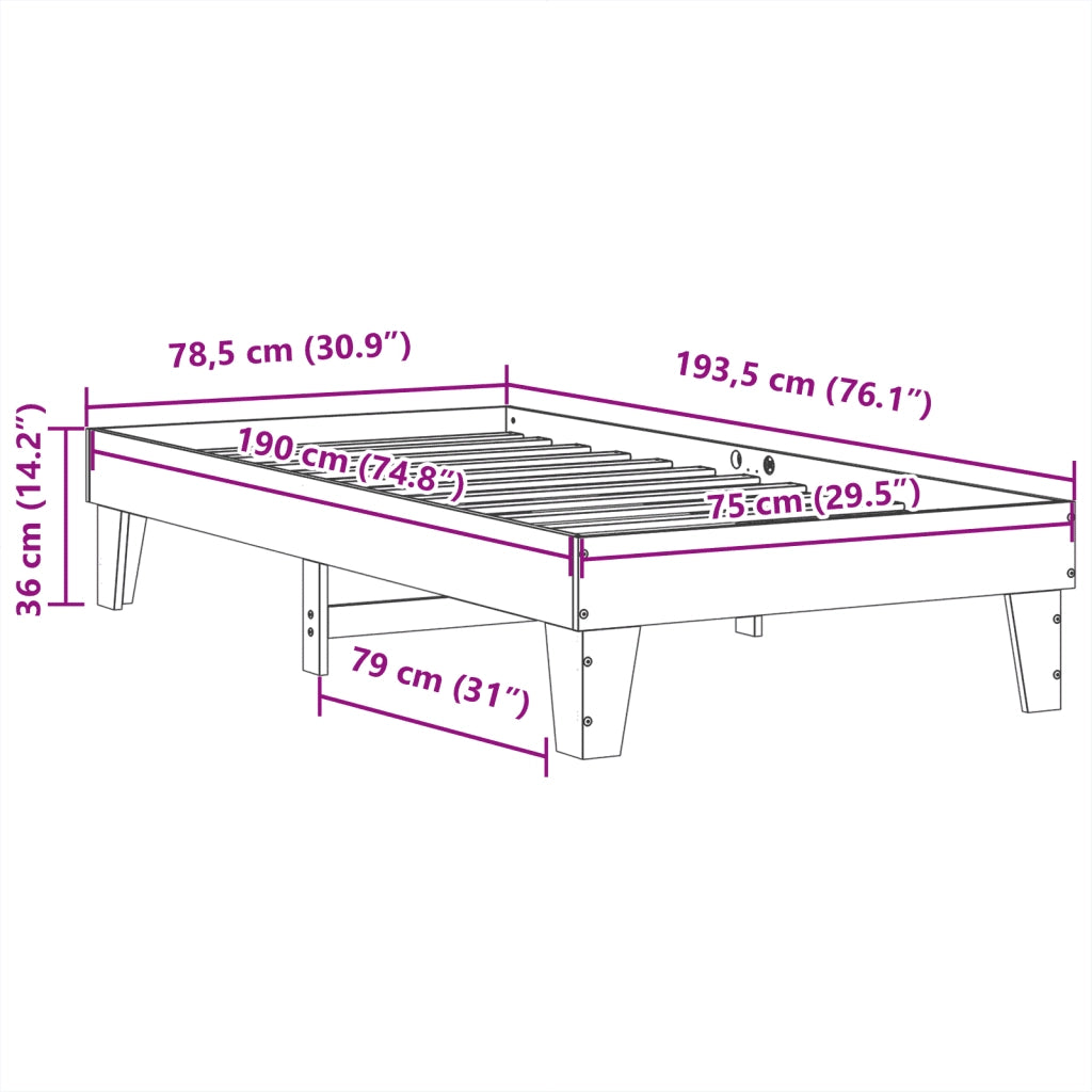 Letto senza Materasso Bianco 75x190 in Legno Massello di Pino 855380