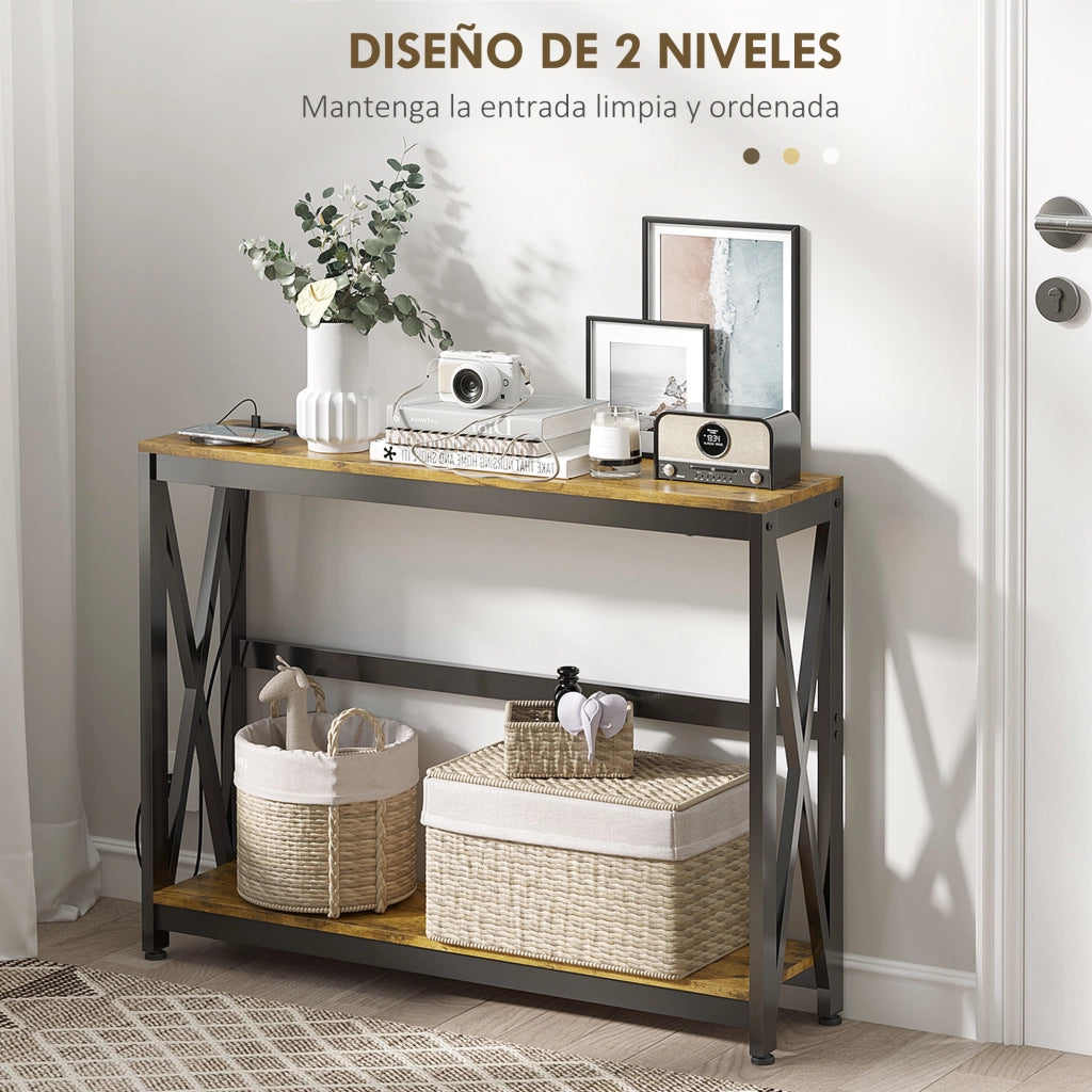Consolle Ingresso 2 Ripiani con Stazione Carica USB ¨C zephmum ¨C Marrone 100x24x75 cm