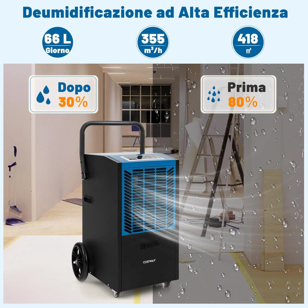 66 L Deumidificatore Commerciale, Deumidificatore con Pompa e Tubo di Drenaggio, Deumidificatore Industriale con Timer 24H e 4 Ruote per Cantina Magazzino (Blu)