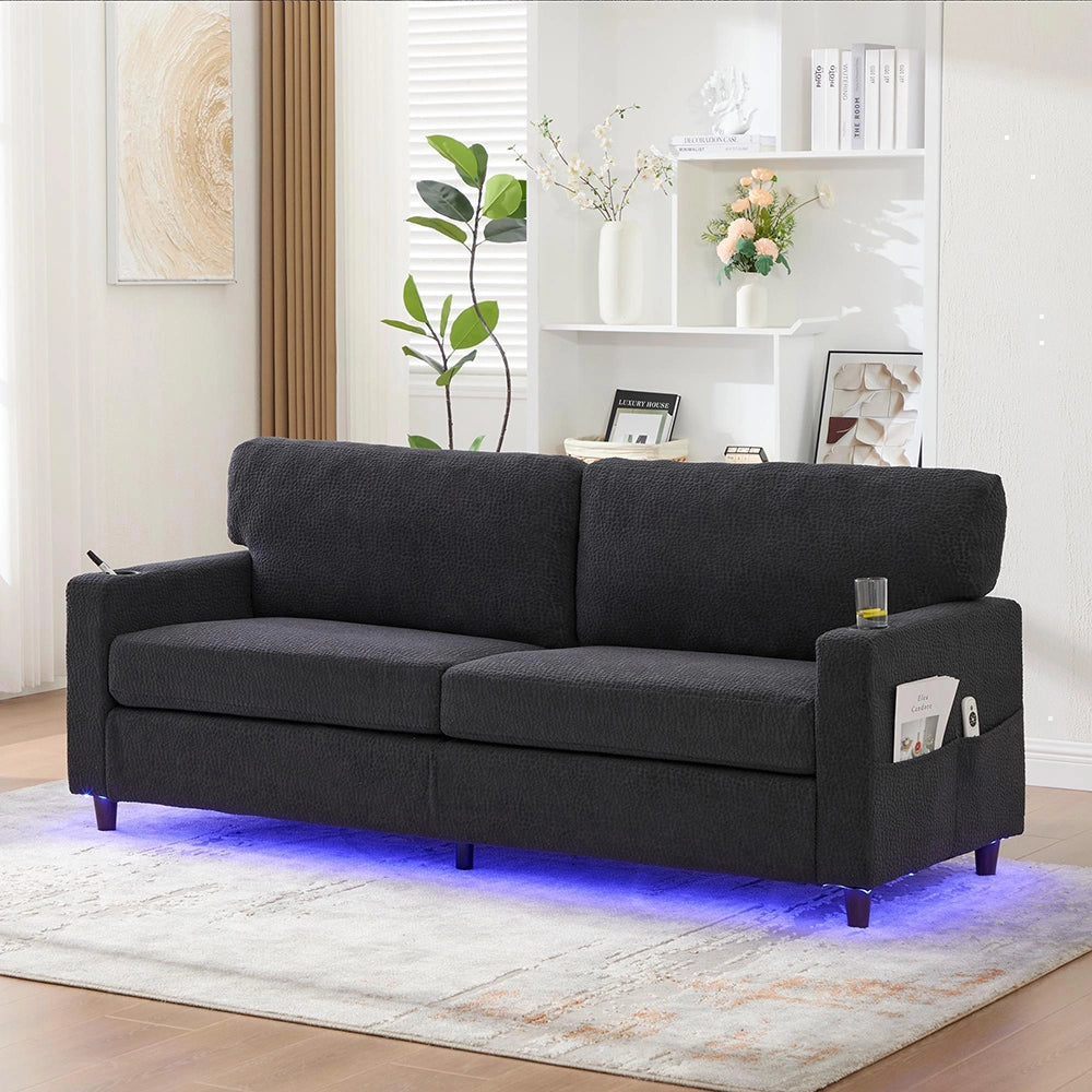 Divano 2 posti - Xylo - Chenille, LED, USB-C, porta bicchieri, grigio scuro