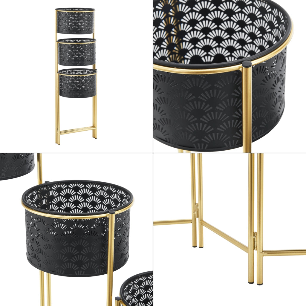 Porta Vasi da Interno Portapiante Supporto per Piante con 3 Coprivasi Struttura a 3 Livelli Pieghevole in Color Ottone con 3 Portavasi di Forma Cilindrica in Color Nero [en.casa]