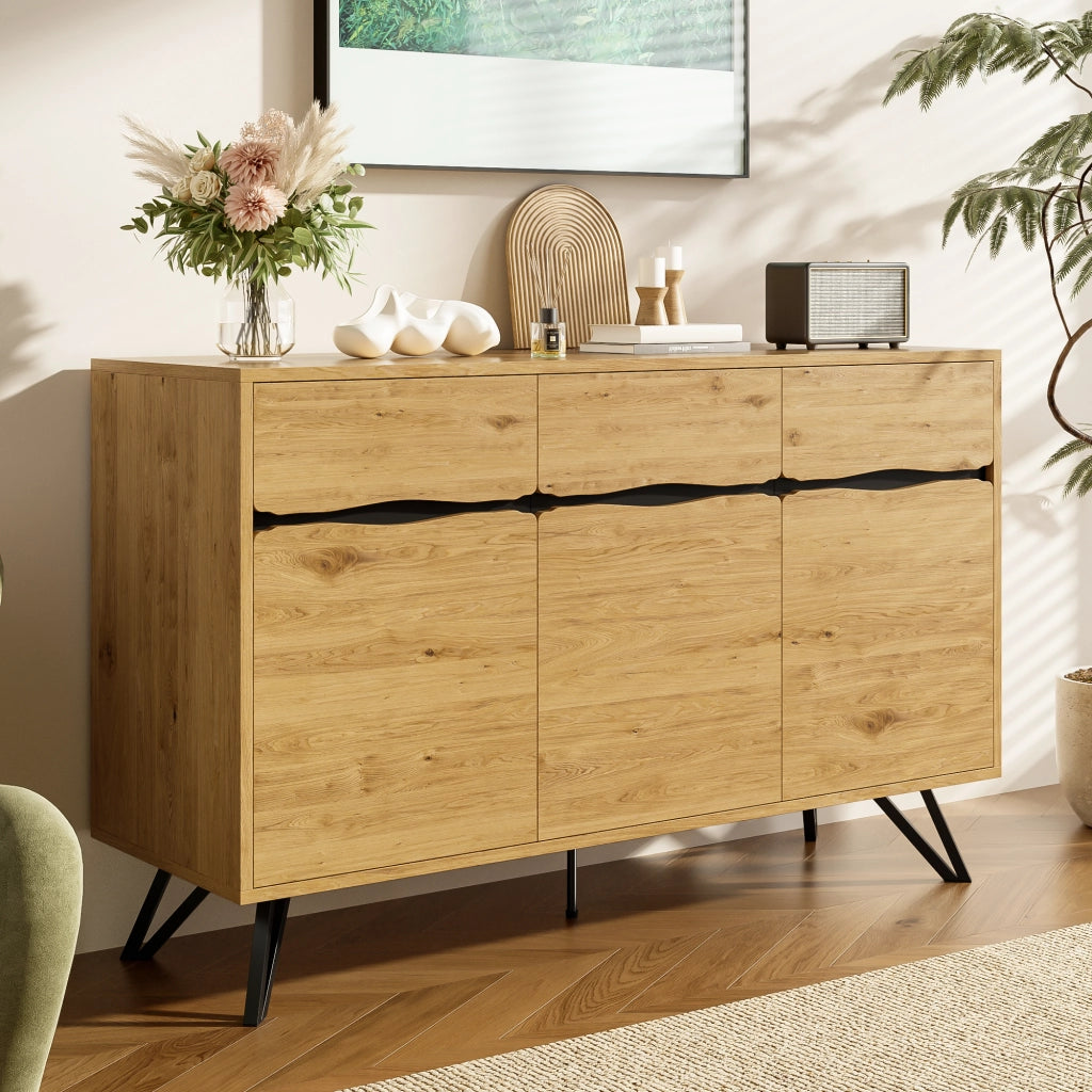 Credenza con 3 Ante e Gambe in Metallo; Design Moderno; in Pannello Truciolare; Nero; 140??40??75;5 cm