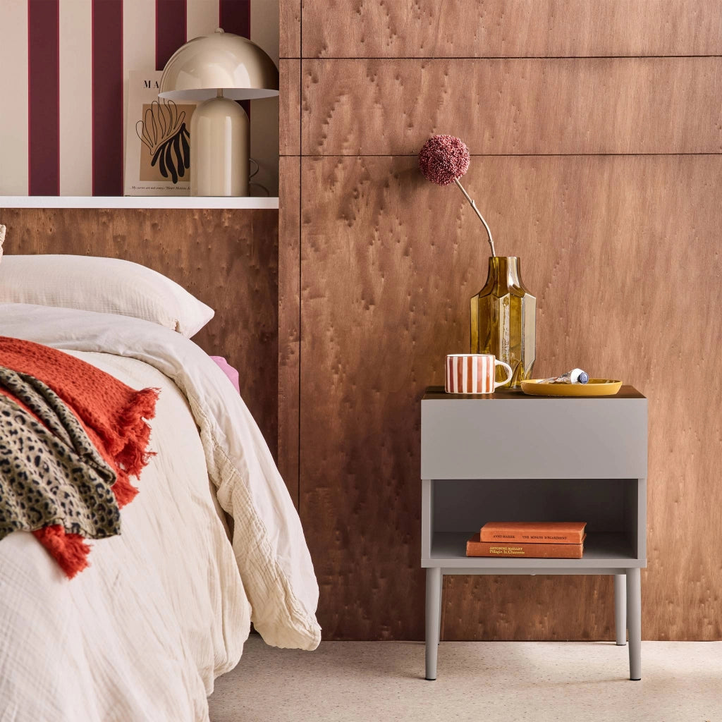 Comodino in metallo e decorazione in legno 1 anta 1 vano, grigio