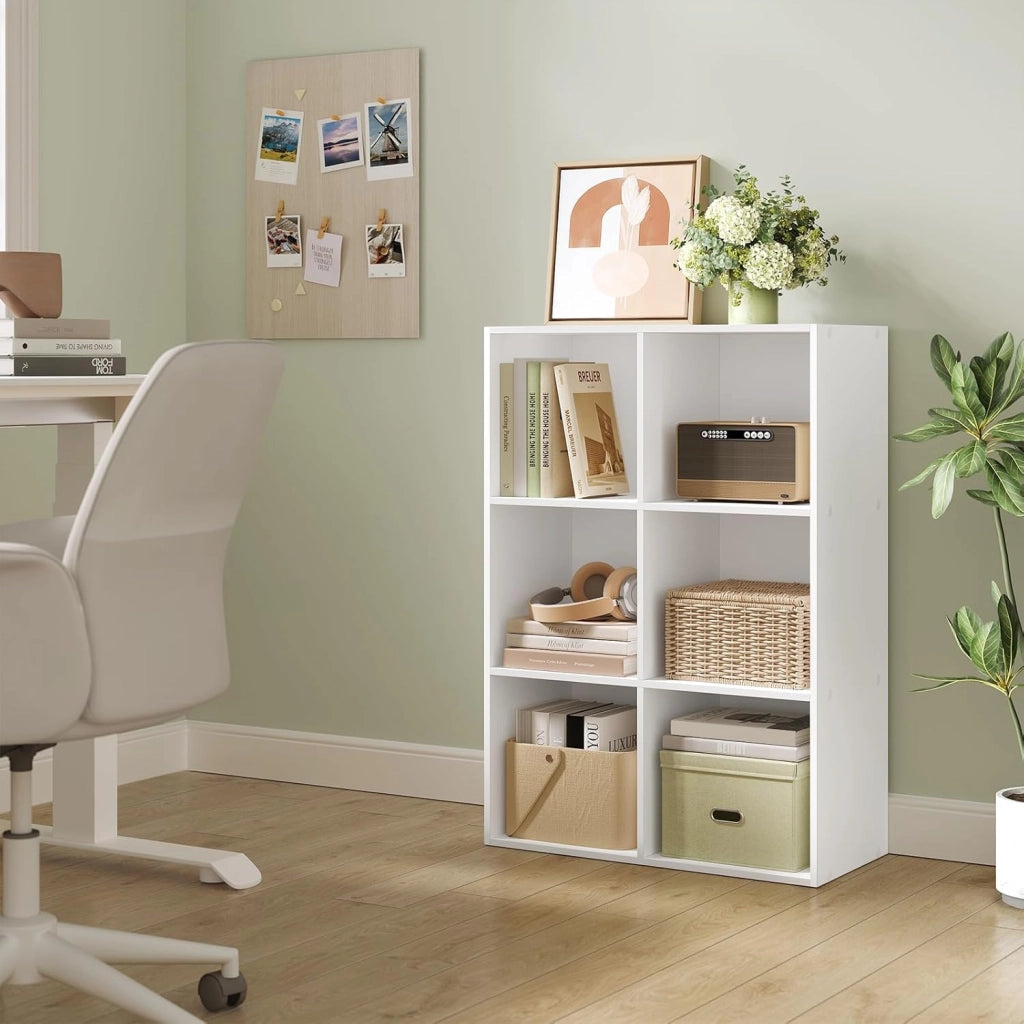Libreria Bianca con 6 Cubi Portaoggetti, Scaffale in Legno Multiuso, Mobiletto Salvaspazio per Soggiorno, Camera da Letto, Ufficio 59.6X29X89cm, SK002ws3