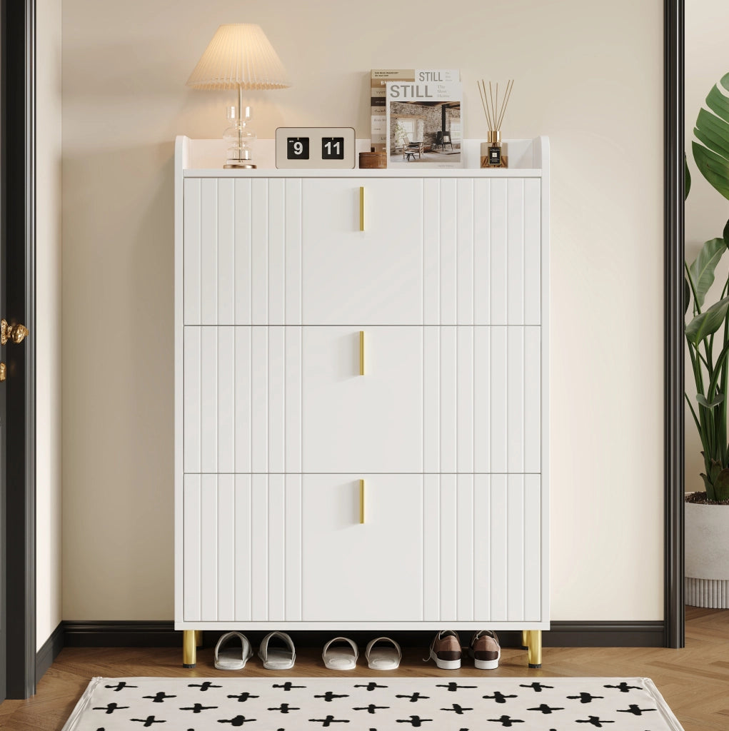 Mobile portascarpe a 3 ribalte 80x23x123;5 cm in MDF bianco con dettagli dorati