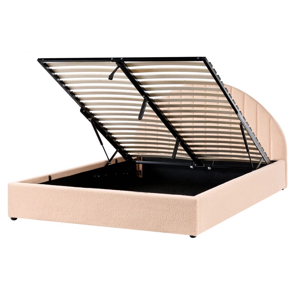 Letto minimalista con contenitore 160 x 200 cm in bouclé stile moderno con testiera rosa pesca