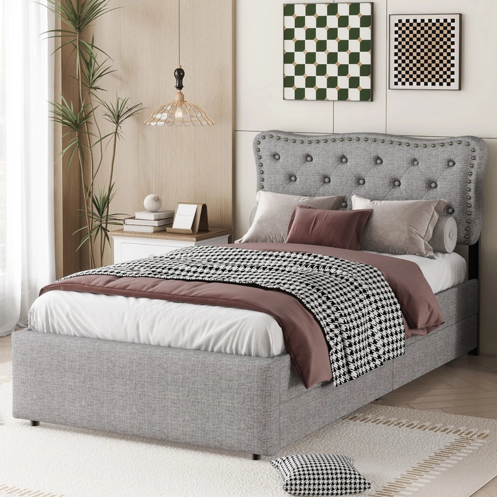 LETTO imbottito 90x200 cm con 2 cassetti in MDF e lino grigio