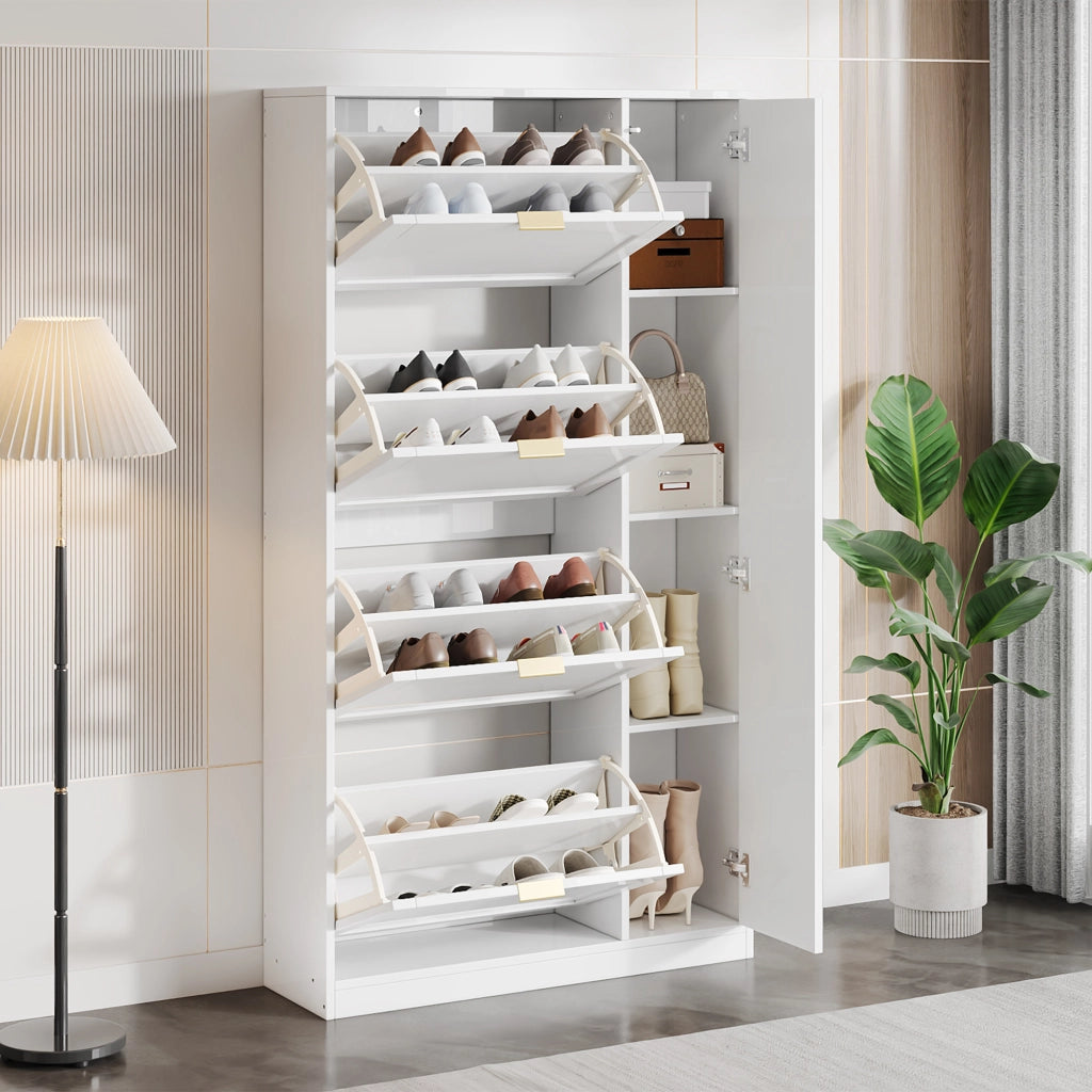 Armadio per scarpe moderno con specchio - Zephmum - 4 scomparti pieghevoli, ripiano regolabile, ideale per l'ingresso, bianco, 80x147x24 cm