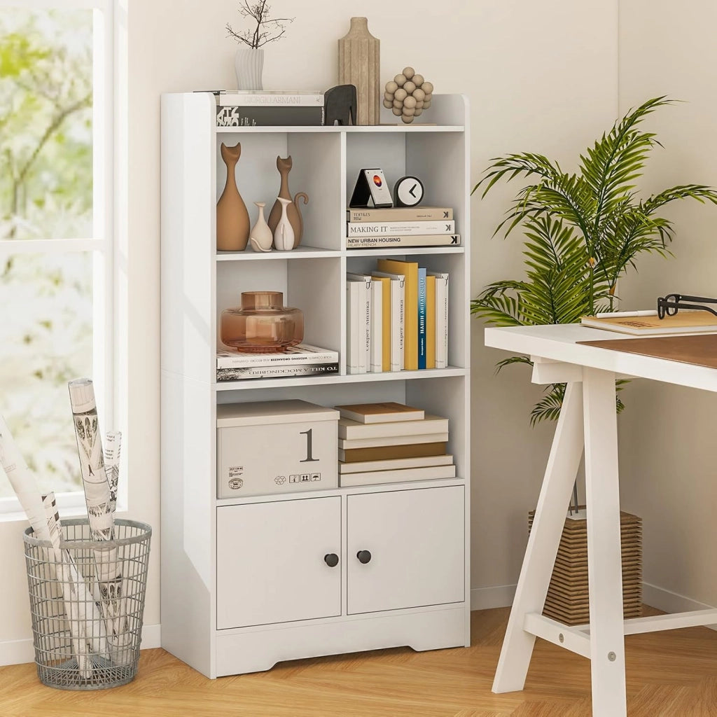 Libreria a 5 Ripiani, Scaffale con 5 Cubi Aperti e Armadio a 2 Porte, Libreria Autoportante con Kit Antiribaltamento per Soggiorno, Camera da Letto e Studio, 60 x 29,5 x 120 cm, Bianco