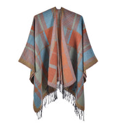 Sciarpa/mantello da donna con spacco e nappe, fantasia a quadri classica, extra large, spessa e calda, lavorata a maglia.