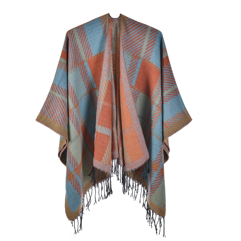 Sciarpa/mantello da donna con spacco e nappe, fantasia a quadri classica, extra large, spessa e calda, lavorata a maglia.