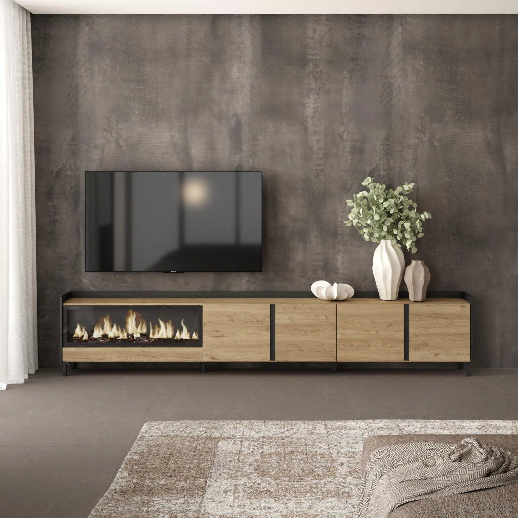 Mobile TV Soggiorno, 315x61x35 cm, Per TV fino a 80", Camino elettrico XXL, Design industriale, Rovere e nero