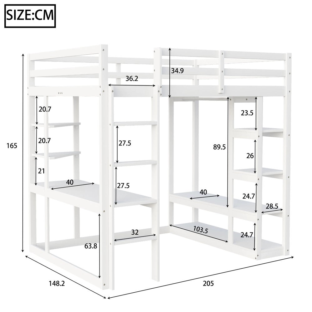 Letto a soppalco con scala, scrivania e scaffali ¨C MINIMAL ¨C Legno massello, Bianco, 140x200