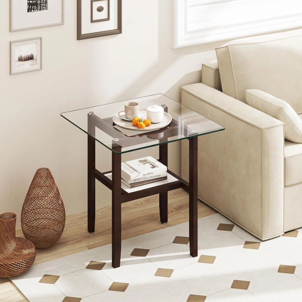 Tavolino Quadrato in Vetro, Tavolino Laterale con 2 Ripiani e Struttura in Legno di Gomma, Tavolo Moderno per Soggiorno, Casa e Ufficio, 61 x 61 x 62,5 cm