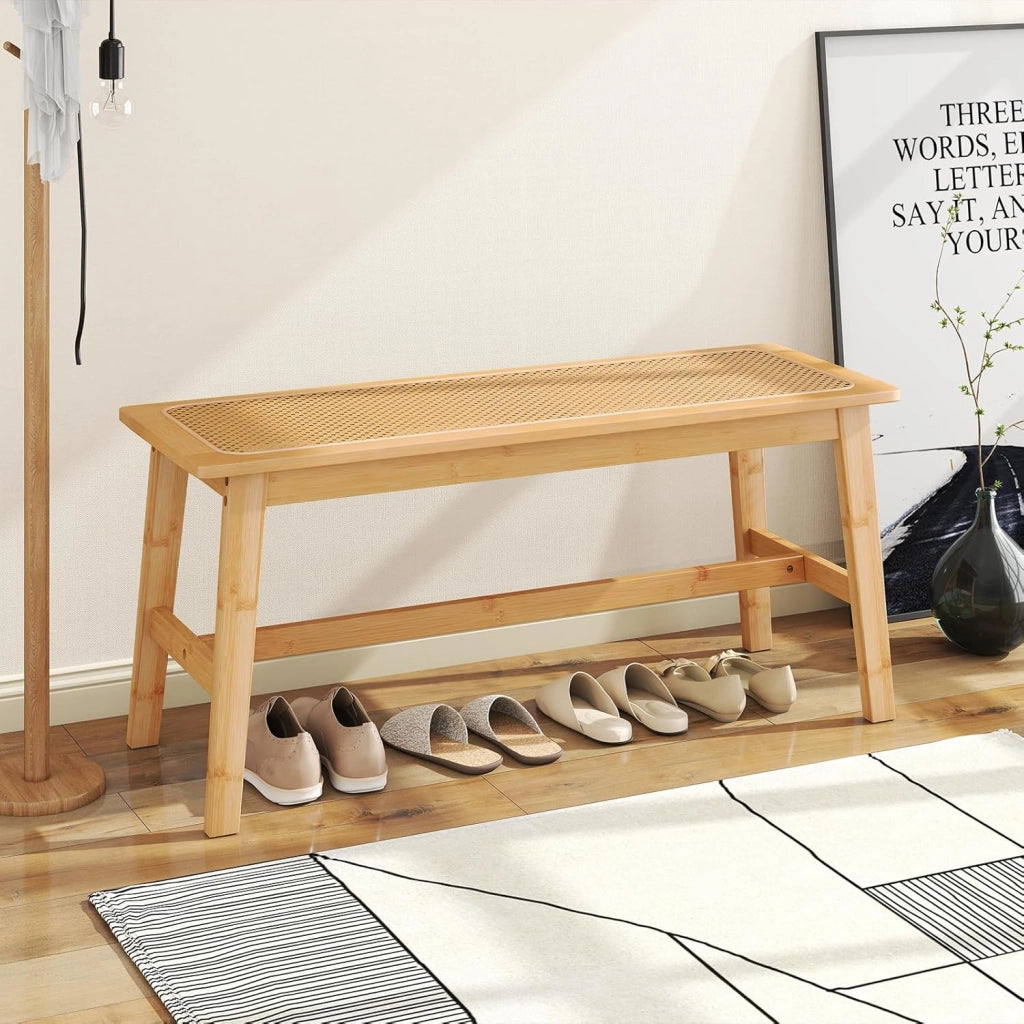 Panca da Pranzo 100 cm in Bambù Naturale, Panchina per 2 Persone con Seduta Rattan Intrecciato a Mano, Panca Stile Fattoria per Cucina, Bagno e Camera da Letto, Sgabello per Scarpe