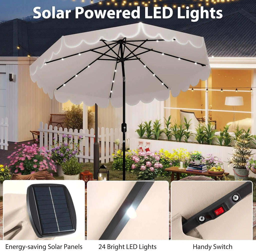 Ombrellone da Giardino Ø 300 cm con 24 Luci a LED, Apertura a Manovella, Inclinazione Regolabile a 35°, Ombrellone da Esterno per Terrazza, Spiaggia, Balcone, Anti UV, Senza Base