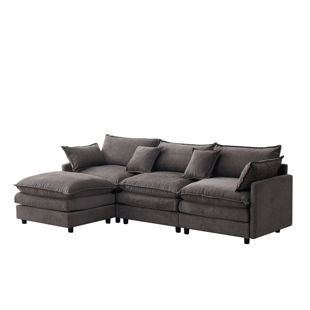Divano angolare modulare 3 posti con chaise longue e pouf, cuscini sfoderabili in ciniglia grigio