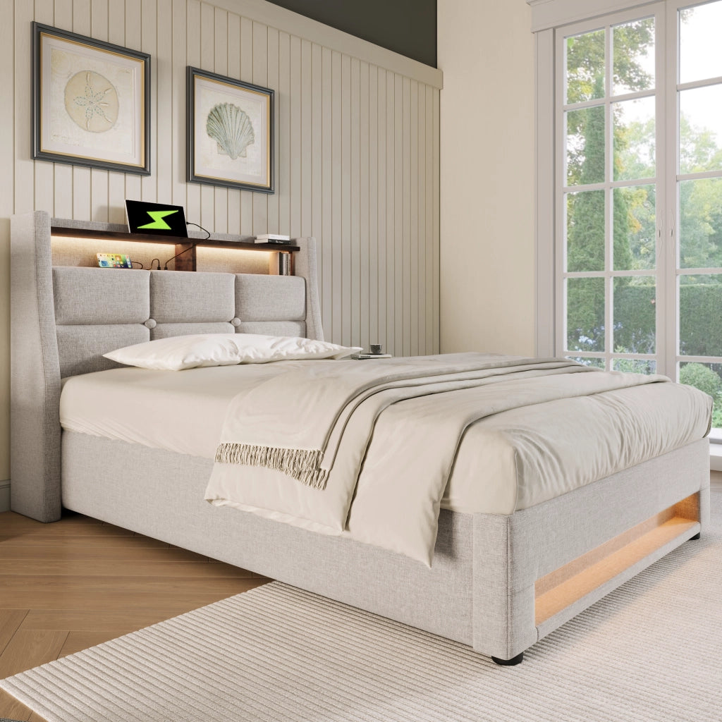 Letti contenitori 90x200 cm con LED e USB; lino beige (Senza materasso)