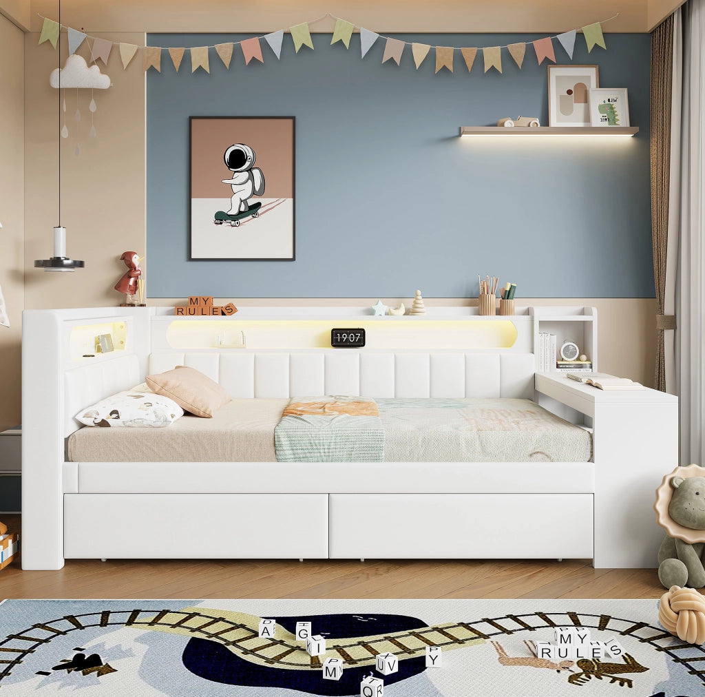 Letto daybed 90x200 cm con USB; LED; scrivania e 2 cassetti in MDF; multistrato e imbottito bianco