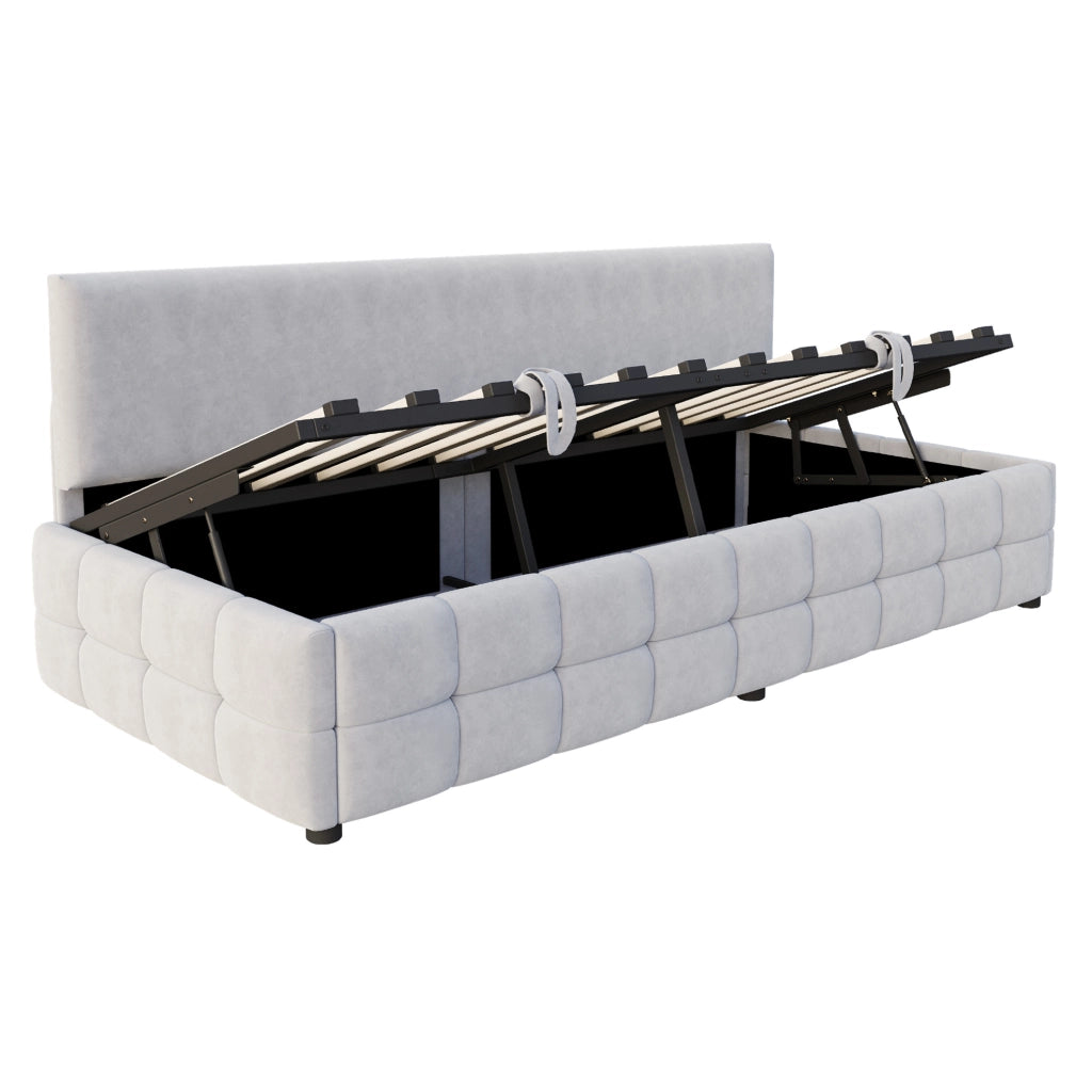 Letto singolo imbottito 90x200 cm con contenitore idraulico; schienale e rivestimento in velluto grigio chiaro