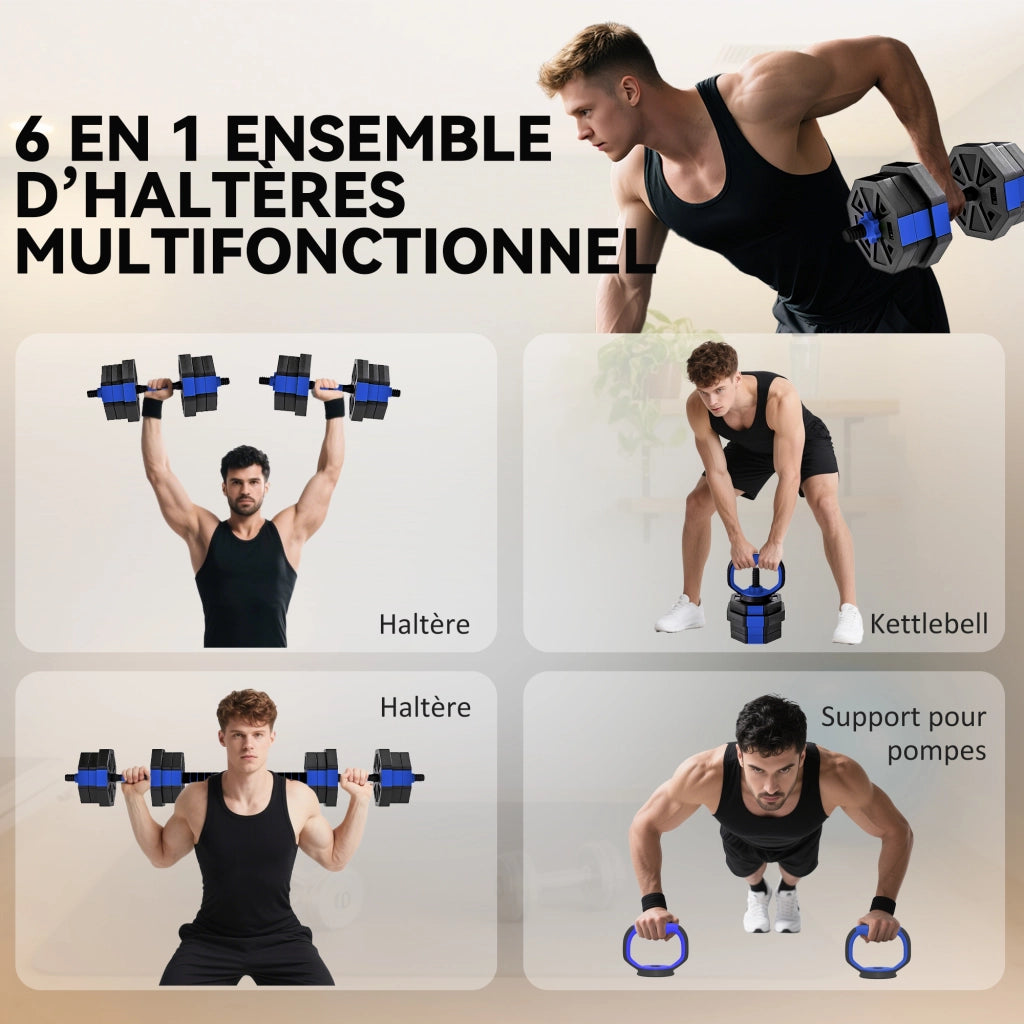 Set di manubri regolabile 6 in 1 20 kg con kettlebell, bilanciere e supporto per push up ¨C zephmum ¨C blu
