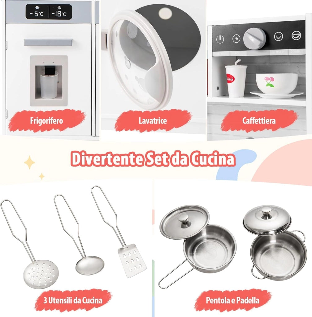 Cucina Giocattolo in Legno per Bambini con Forno, Microonde, Lavello, Rubinetto e Lavatrice, Luci e Suoni Realistici, 3+ Anni
