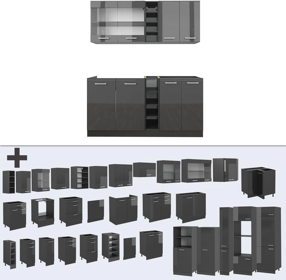 Cucina completa R-Line, Antracite lucido/antracite, 160 cm, PL Marmo, adatto per l'espansione individuale con moduli aggiuntivi