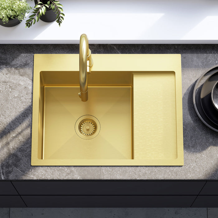 Lavello In Acciaio Fin Brush Gold con rubinetto da cucina
