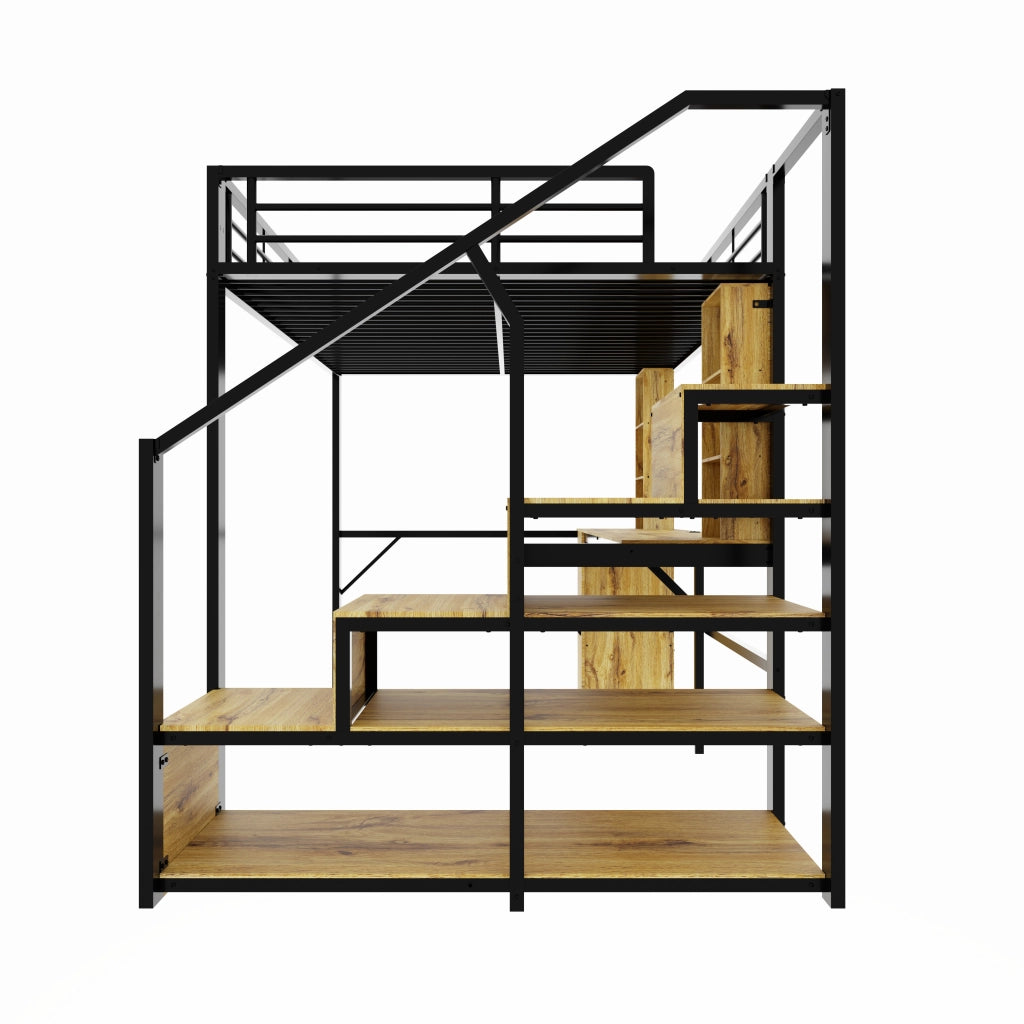Letto a soppalco 140 × 200 cm in metallo e MDF nero con scrivania, schrank e scala contenitore
