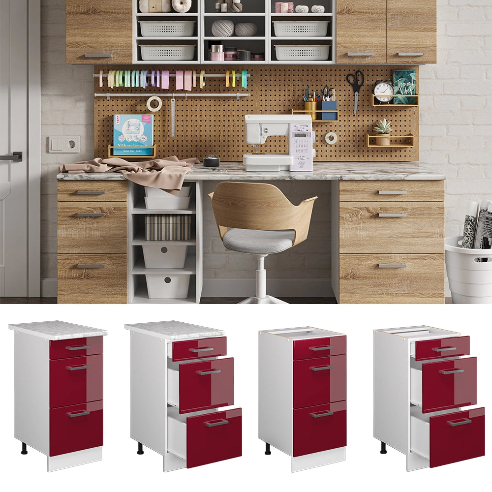 Vicco Base universale Rosso bordeaux lucido 40 cm con cassetti, senza piano di lavoro