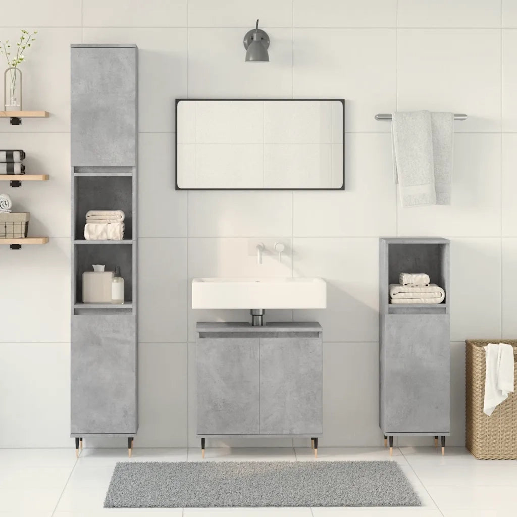 Set Mobili da Bagno | Armadio da bagno 3 pz Grigio Cemento in Legno Multistrato