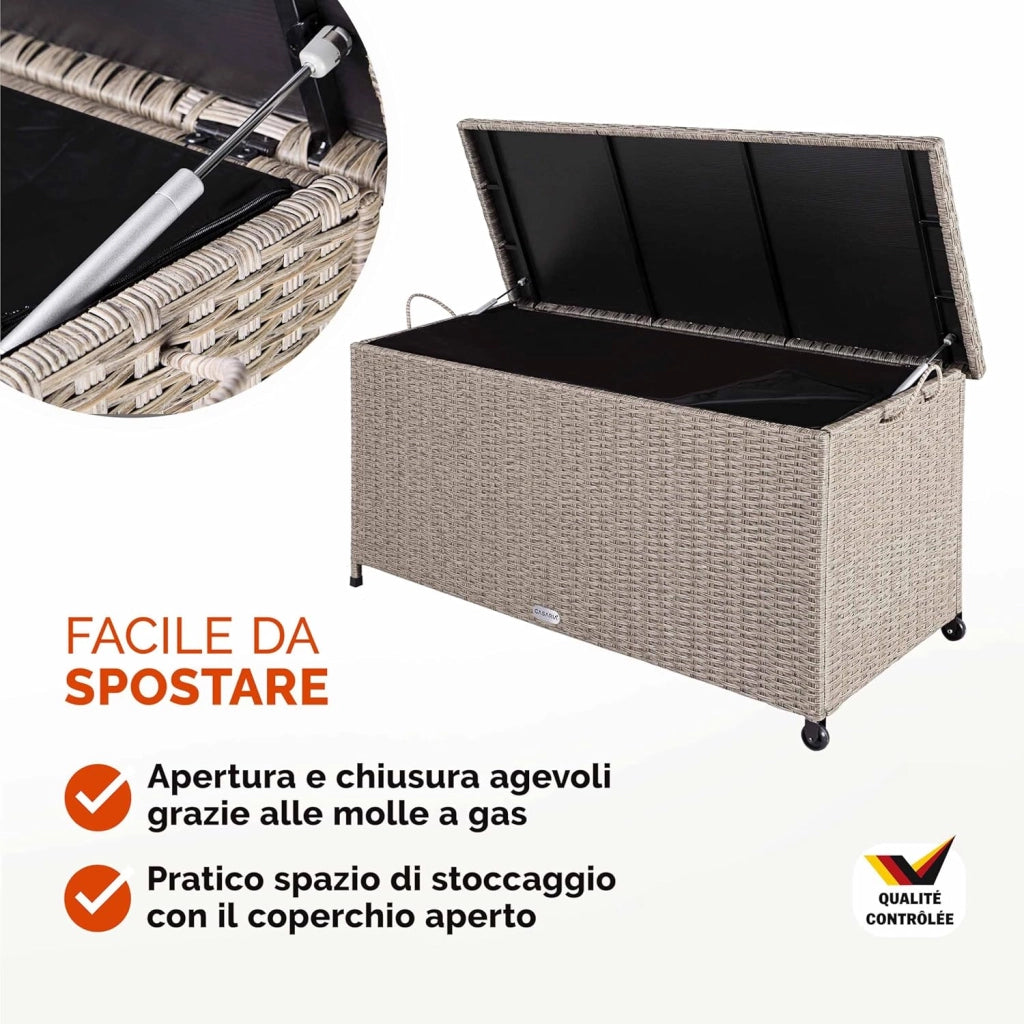 ® Baule Giardino XXL 117x53x60cm Ruote 270L Salvaspazio Impermeabile Resistente Cassettone Contenitore Esterno