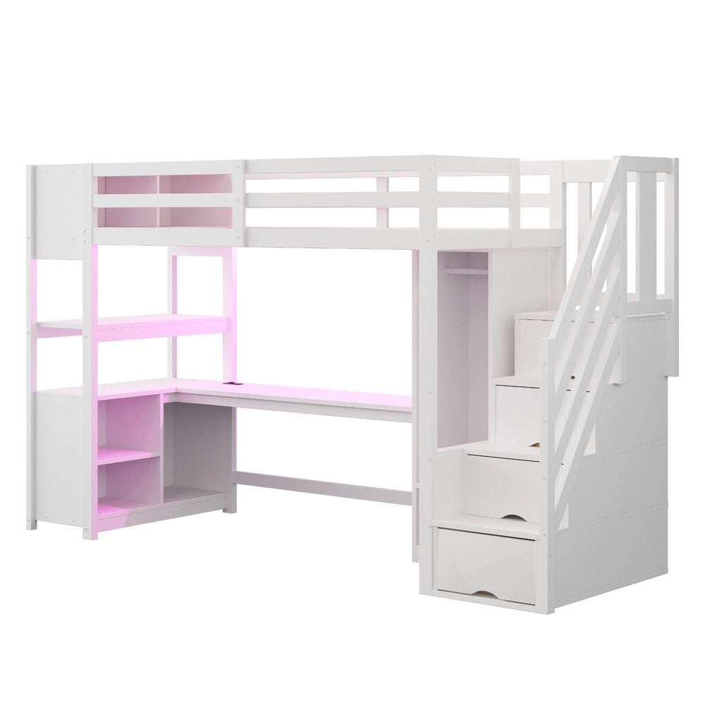 Letto a Soppalco con Scrivania e Armadio ¨C Xylo ¨C Legno, LED, Bianco, 90x200