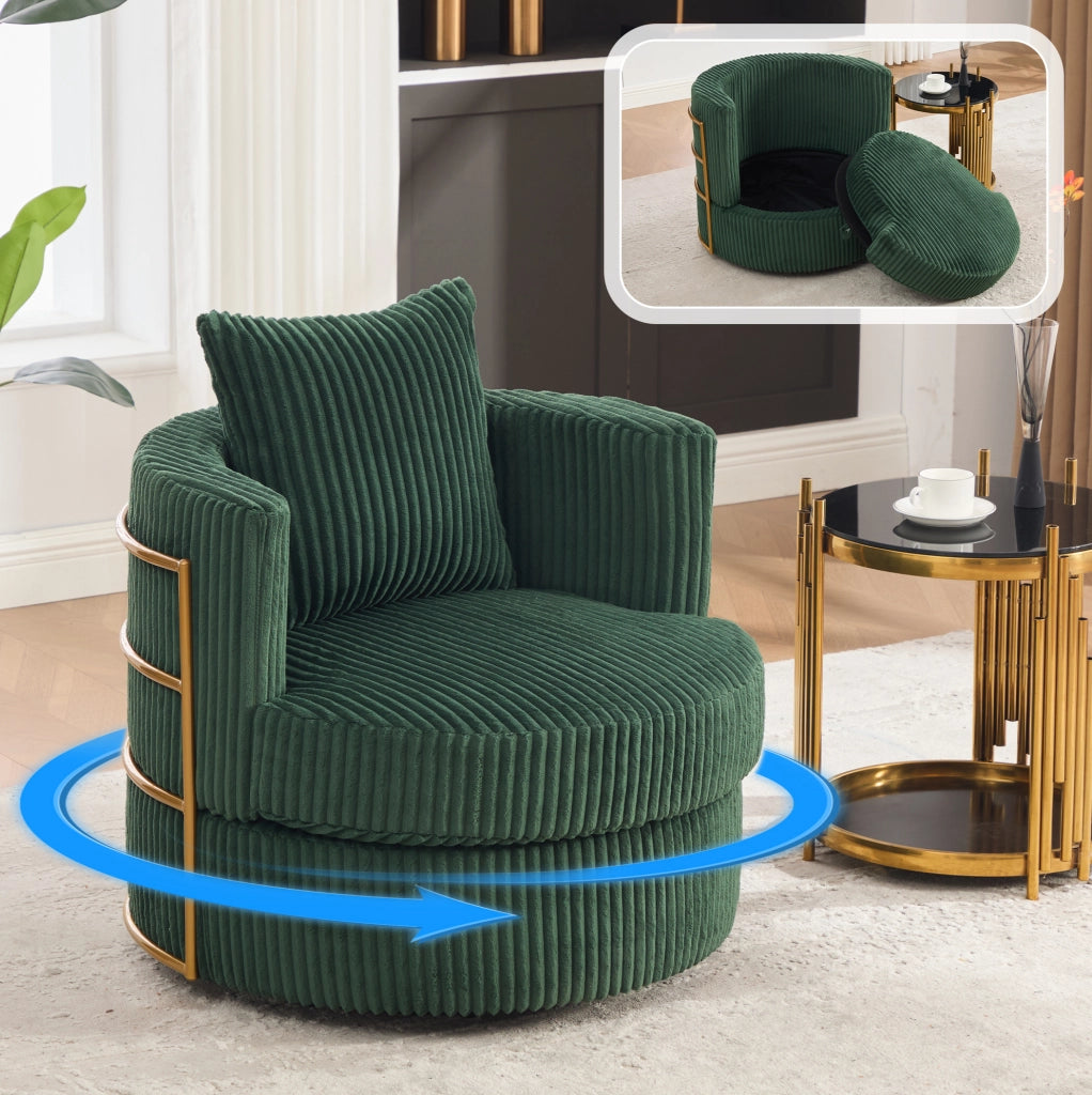 Poltrona girevole a 360° in velluto a coste con contenitore; verde smeraldo