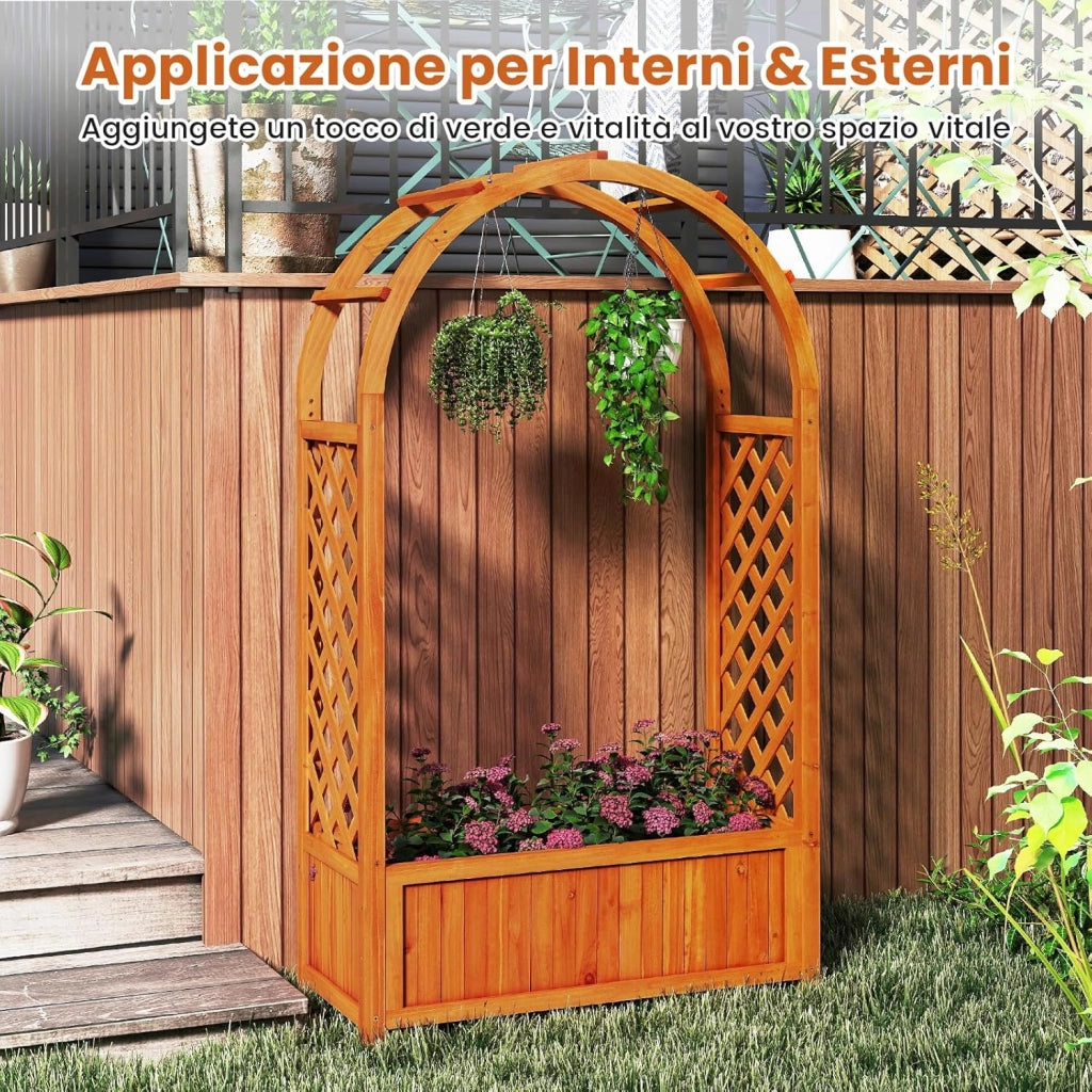 Letto da Giardino Rialzato in Legno, Orto Rialzato Verticale con Griglia, Tetto Curvo, Fodera e Drenaggio, Fioriera Grande per Cortile, Giardino e Patio, 83 x 36 x 146 cm