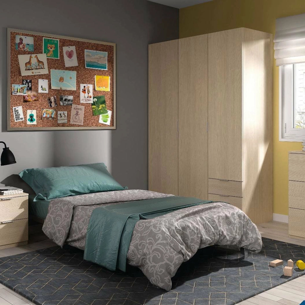 Guardaroba Astuzzia, Armadio per camera da letto a 3 ante e 3 cassetti, Mobile con 3 ripiani e barra appendiabiti, cm 121x52h180, Rovere