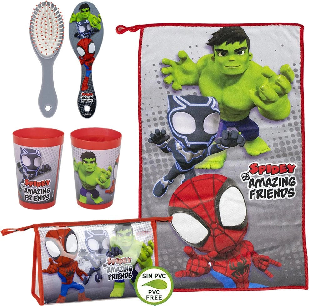 Marvel Spidey & Friends Set 3 Pz Asilo: Asciugamano, Spazzola e Bicchiere