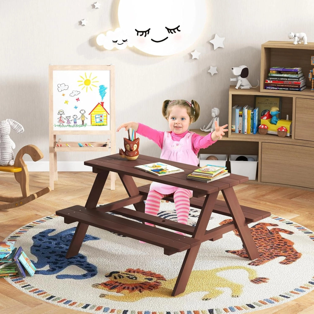 Set di mobili da giardino in legno per bambini, con ombrellone, tavolo da picnic per bambini con protezione UV e impermeabile, tavolo da giardino e panca, set di mobili da giardino per esterni