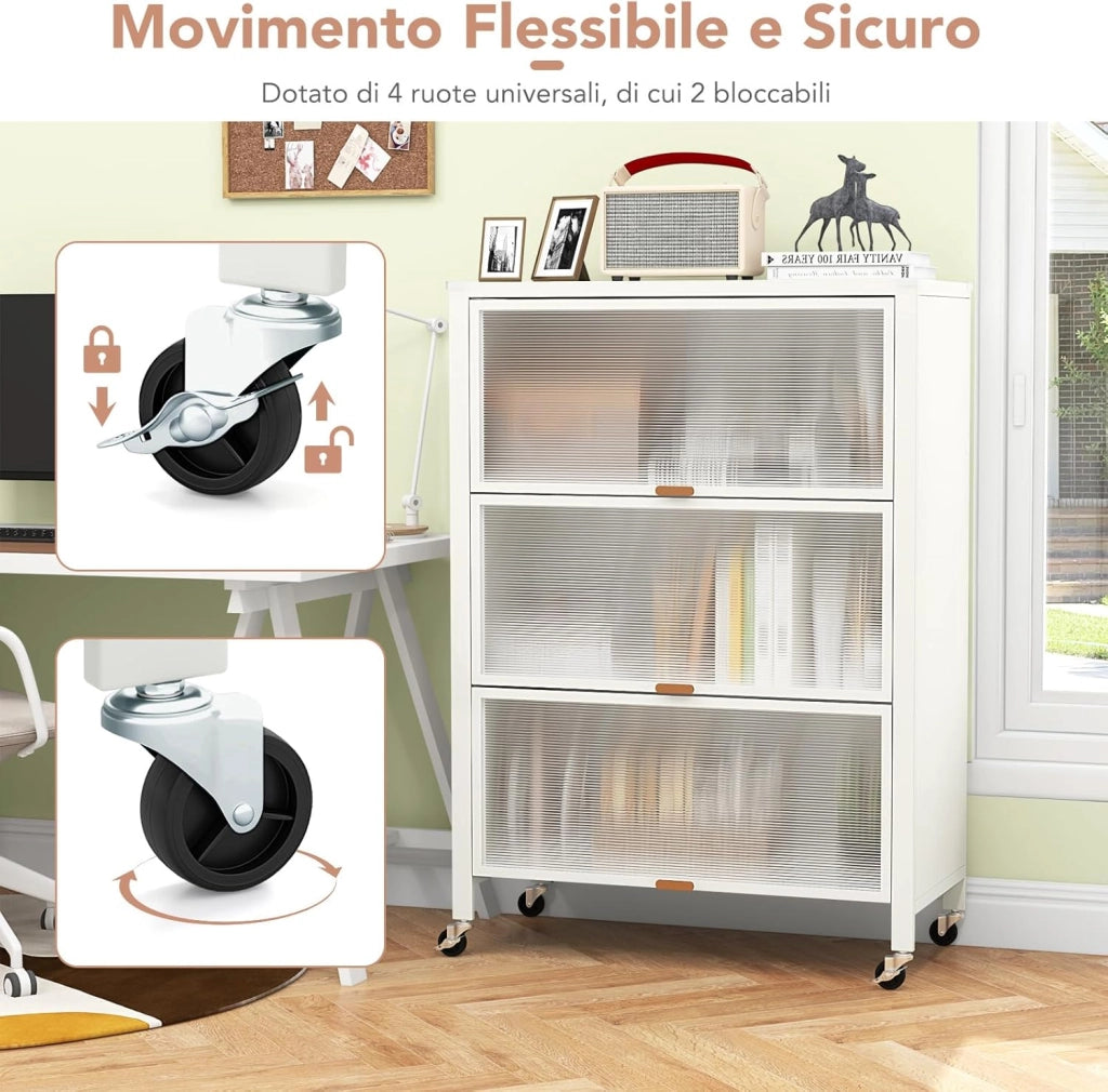Credenza da Cucina a 4 Livelli, Armadietto Salvaspazio con Ante Ribaltabili e Ruote Bloccabili, Mobilietto Moderno in Metallo per Bagno, Soggiorno, Cucina e Ingresso, 81 x 37 x 115 cm