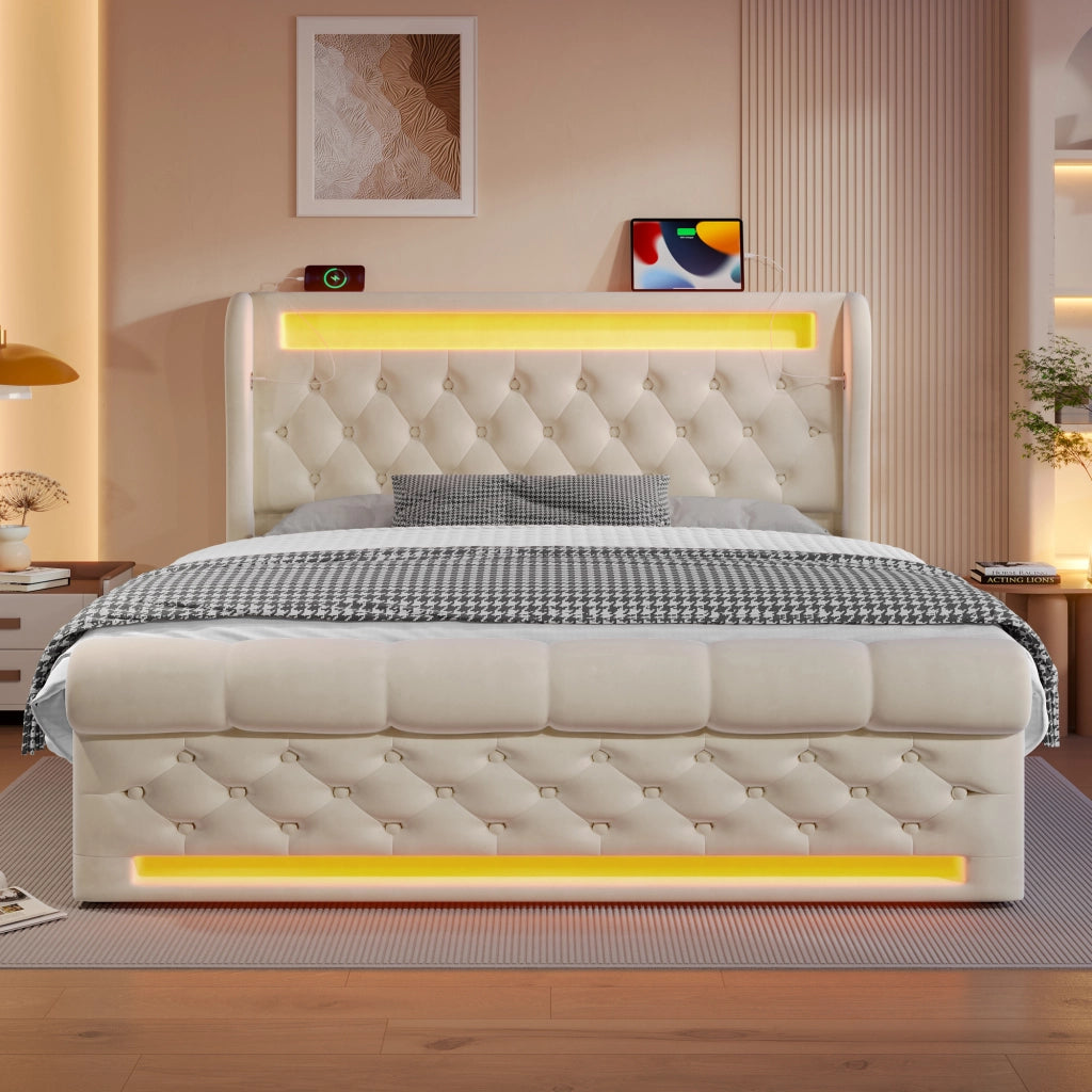 Letti contenitori 140x190 cm con LED; contenitore idraulico e USB Type C velluto beige (Senza materasso)