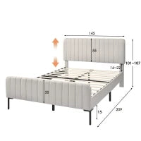 Letto Matrimoniale Imbottito in Tessuto Lino 140x200 cm, con Testiera Regolabile e Rete a Doghe, Senza Materasso, Grigio-Beige