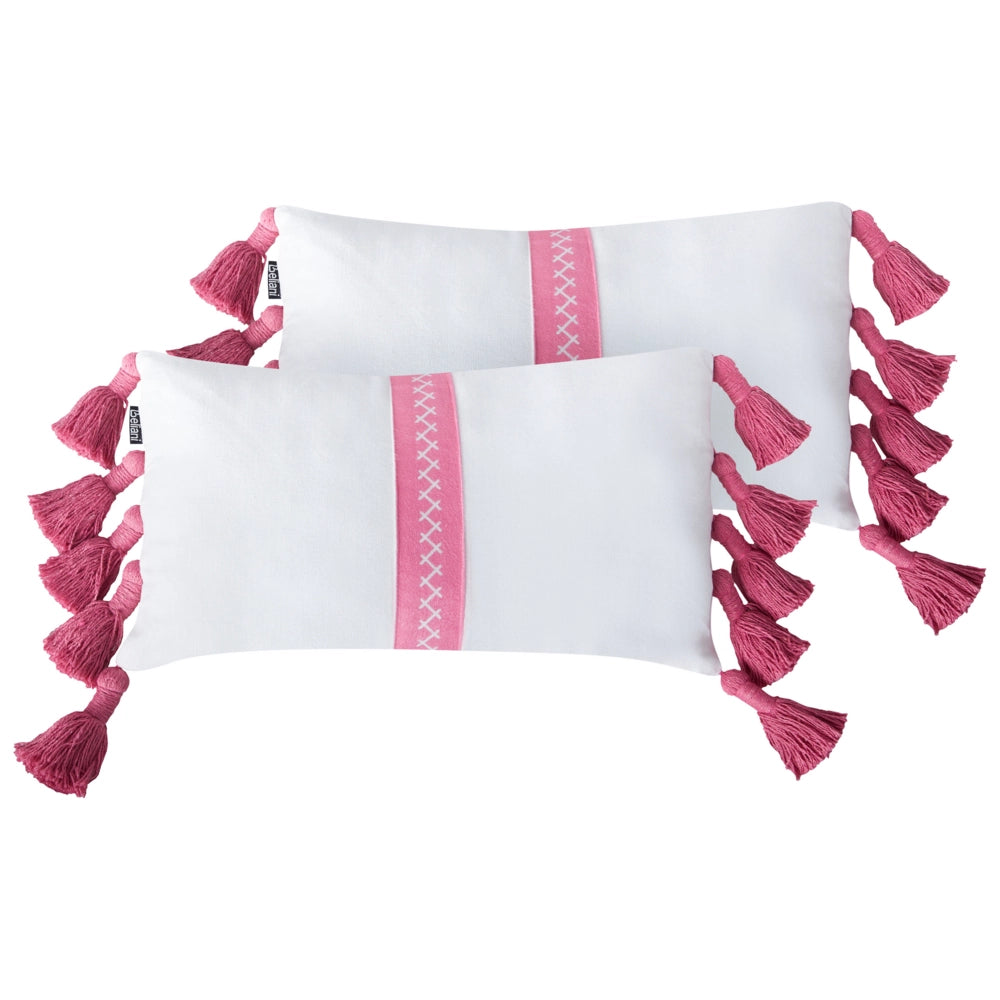 Set di 2 cuscini decorativi Rosa Bianco Cotone 30 x 50 cm con frange Cuscino moderno rettangolare Accessori decorativi Boho