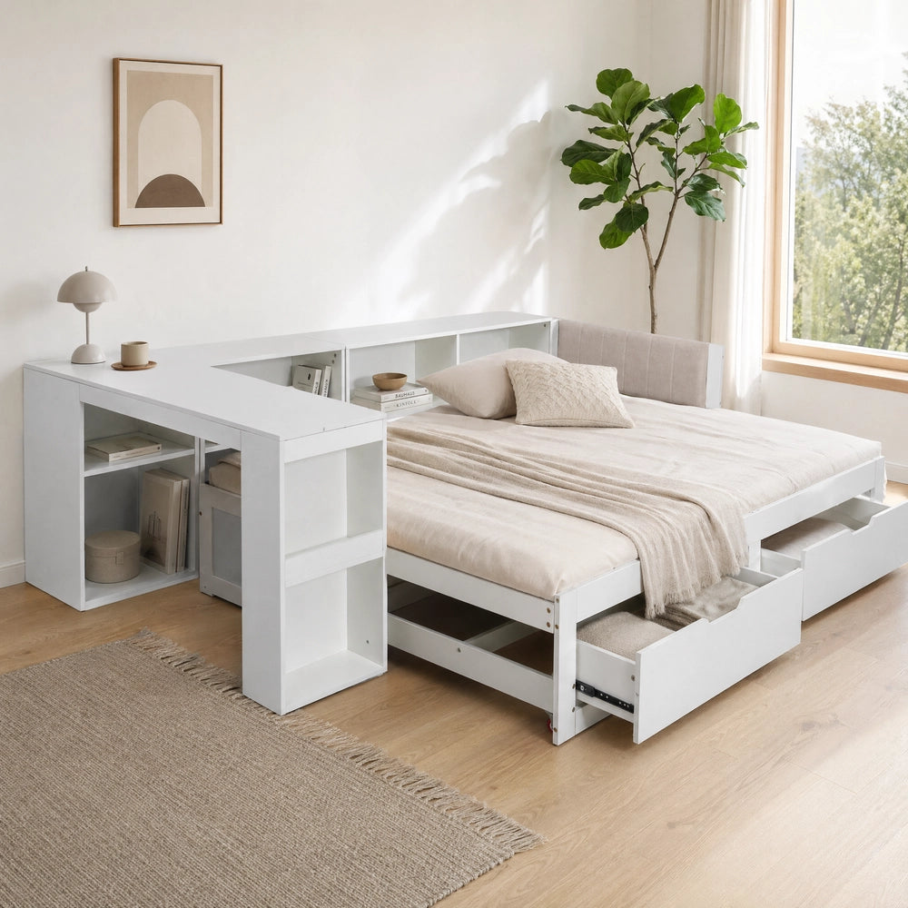Letto Singolo con Scrivania, Cassetti e Rete a Doghe ¨C MINIMAL ¨C Bianco Opaco 90x200