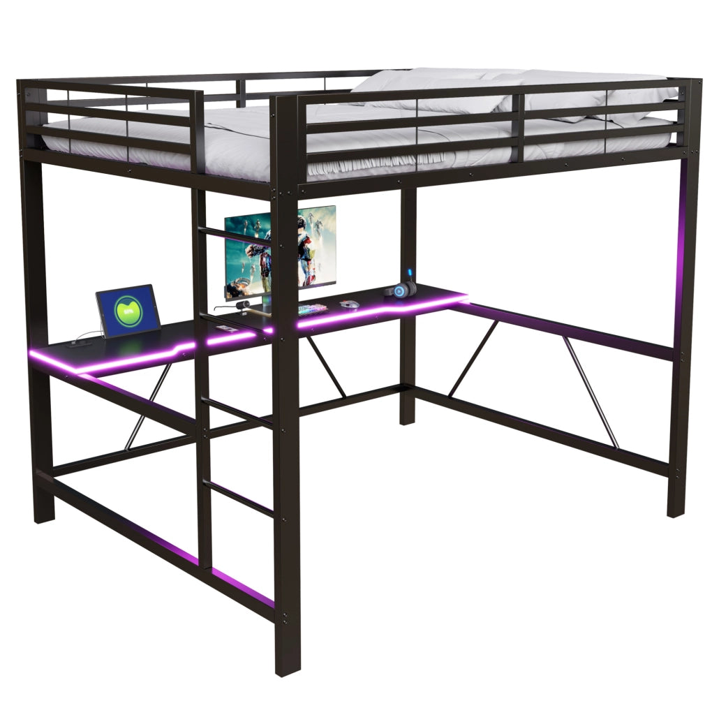 Letto a soppalco 160x200 cm con scrivania integrata; LED e struttura in metallo nero