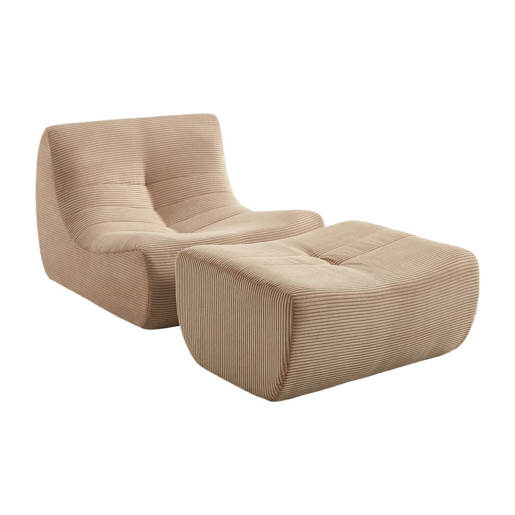 Poltrona in velluto a coste con poggiapiedi, 1 posto, beige scuro