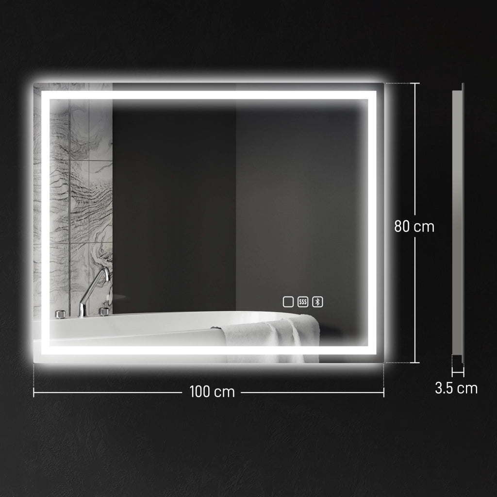 Specchio Bagno da Parete LED Antiappannamento 80x100 cm Speaker Bluetooth e Pulsanti Touch in Vetro Temperato