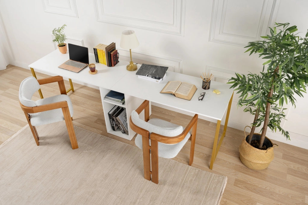 Scrivania in legno "Twin Study Desk" - 240 x 60 x 74 cm - Bianco oro
