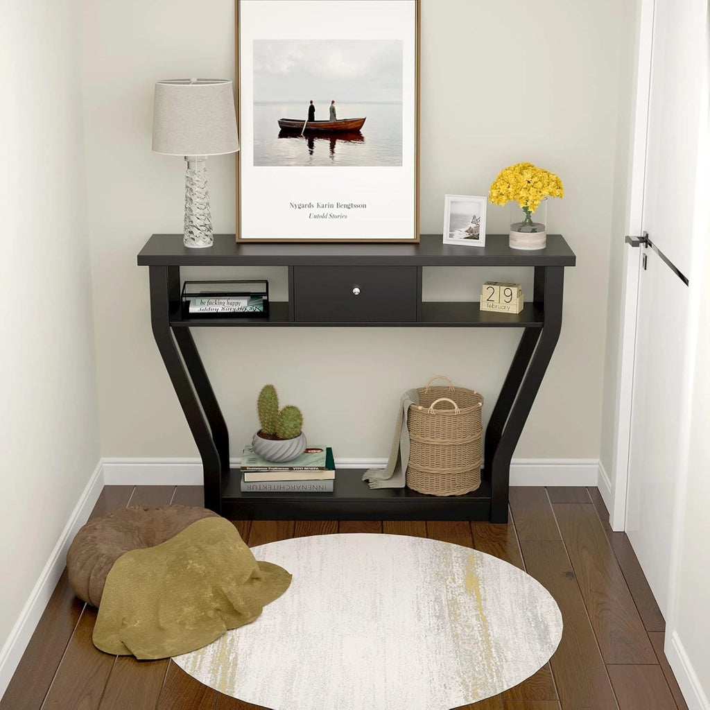Tavolo Consolle, a 3 Ripiani, Stretto e Compatto, Cassetto con Manico, Console per Soggiorno, Salotto, Ingresso, Portata di 60 kg, 120x30x81cm, 3 Colori (Nero)