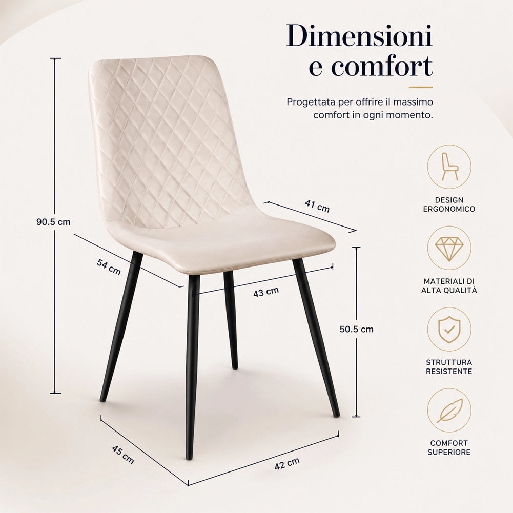 Set 4 Sedie Beige con Rivestimento in Velluto e Piedi Neri Seduta Ergonomica